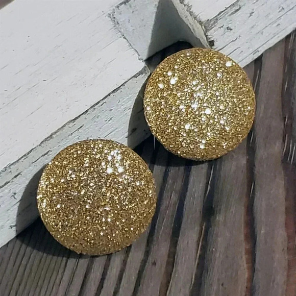 Gold Fabric Button Earrings Retro 80s Club Glam Disco Sparkly - Picture 7 of 9